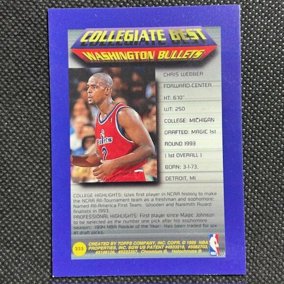 Chris Webber 1994-95 Topps Finest Collegiate Best #255 Washington Bullets w/Peel - Picture 2 of 2
